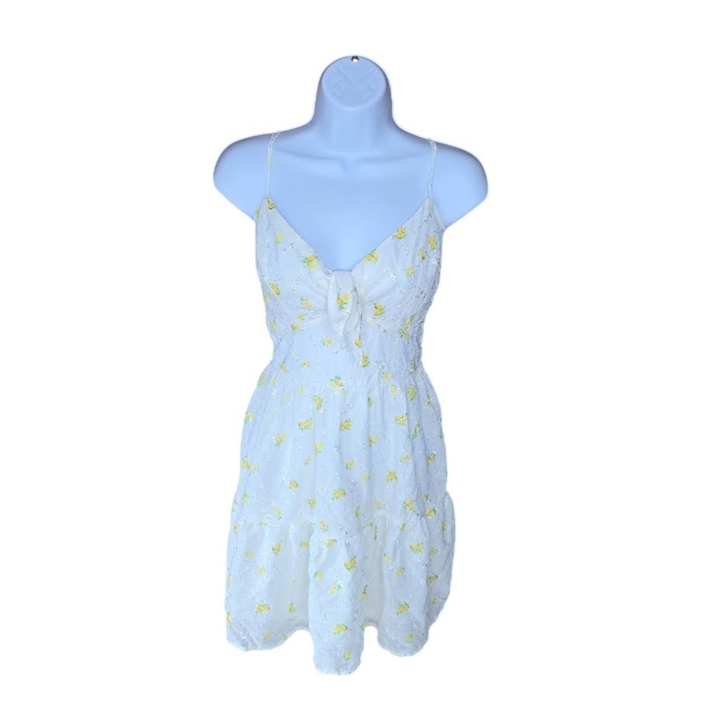 Trixi White Lemon Print Tie Front Tiered Mini Sundress Women L Cottagecore Boho